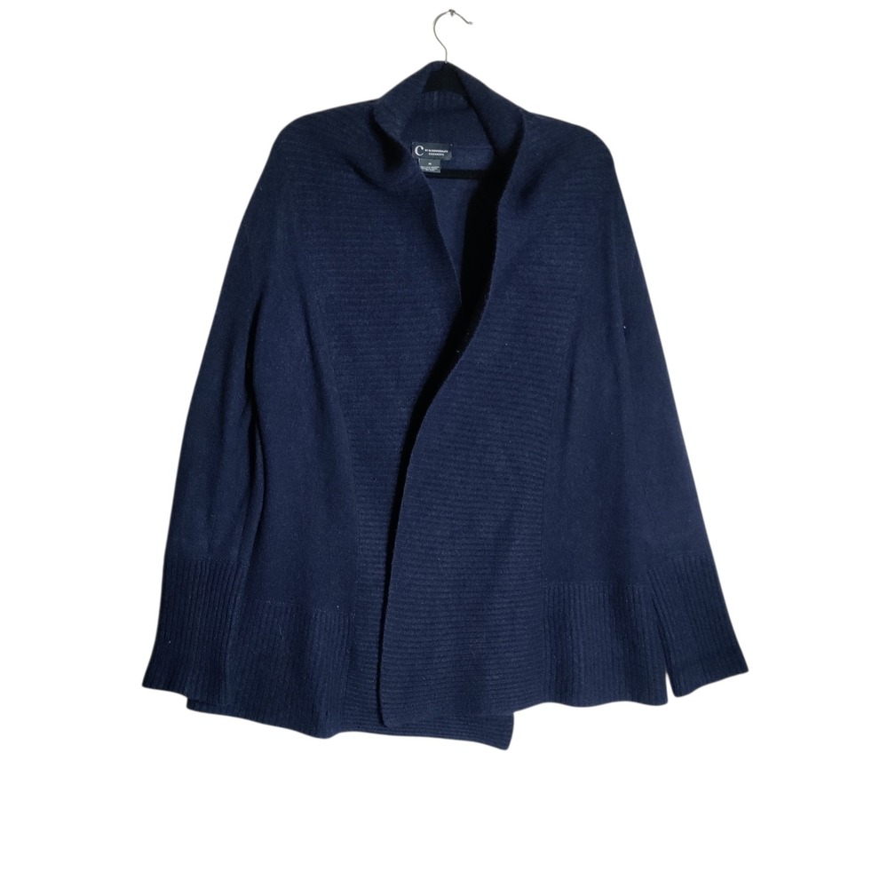 C by Bloomingdale's Cashmere Open Front Cardigan Navy Blue Elbow Patch Womens M